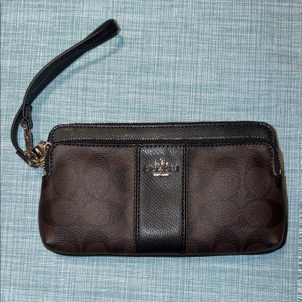 Coach Dark Brown Wristlet with Black Accents